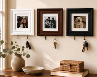 Personalisierter Fotorahmen mit Schlüsselhaken, personalisierter Haustier- oder Familienfotorahmen, Wandschlüsselhalter, Einweihungsgeschenk, Eingangsbereich