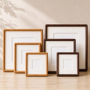 May include: A collection of six square picture frames arranged in two groups. Three frames are made of light-toned wood and three are made of dark-toned wood. Each frame features a white mat board with a square cutout, providing a clean display.