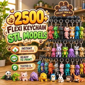 Pode incluir: Um expositor preto de vários níveis contendo numerosos porta-chaves de animais articulados em várias cores. O texto no expositor diz 2500+ FLEXI KEYCHAIN STL MODELS, CUTE. FLEXIBLE. COLLECT THEM ALL!, INSTANT DOWNLOAD, READY TO PRINT e TESTED & PRINT READY.