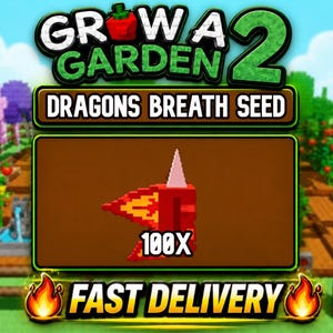 May include: A digital graphic for Growa Garden 2 featuring a red, blocky Dragons Breath Seed icon with a small white spike. The text reads Dragons Breath Seed and 100x, set against a brown background with a green border and Fast Delivery text.
