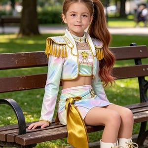 Girls Demon Hunters Rumi Golden Costume Set, Trendy Kpop Stage Performance Outfit, Anime Cosplay Dress Made for Halloween Party Wear Style B