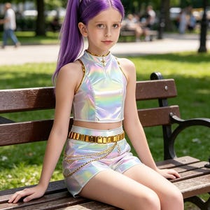 May include: A two-piece outfit consisting of a sleeveless, high-neck crop top and matching shorts, both made from a reflective, iridescent holographic material. The shorts feature a wide, metallic gold belt and a decorative gold chain accessory.