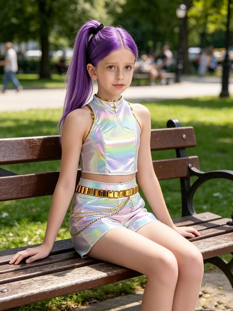 May include: A two-piece outfit consisting of a sleeveless, high-neck crop top and matching shorts, both made from a reflective, iridescent holographic material. The shorts feature a wide, metallic gold belt and a decorative gold chain accessory.