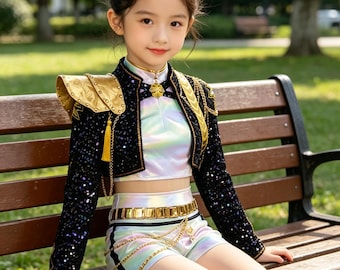 Girls Demon Hunters Rumi Golden Costume Set, Trendy Kpop Stage Performance Outfit, Anime Cosplay Dress Made for Halloween Party Wear