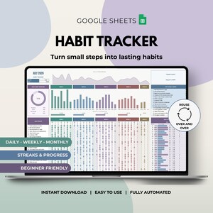 Peut inclure: Un suivi d'habitudes Google Sheets numérique affiché sur un écran d'ordinateur portable. L'interface comprend un calendrier de juillet 2026, des listes de contrôle quotidiennes, des graphiques à barres hebdomadaires et un indicateur circulaire. Texte : "HABIT TRACKER", "Turn small steps into lasting habits", "REUSE OVER AND OVER".