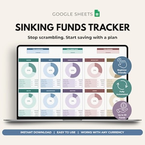 May include: A digital Google Sheets sinking funds tracker displayed on a laptop screen. The interface features multiple circular progress charts for various savings goals, including vacation, dentist, and home renovation, with text labels and data fields.