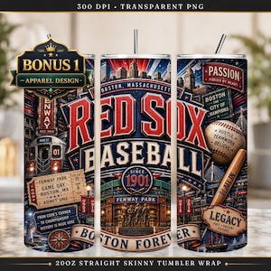 Pode incluir: Uma capa para copo skinny reto de 20oz com tema de beisebol do Boston Red Sox. O design inclui um ingresso do Fenway Park, uma bola de beisebol, um taco de madeira, o horizonte da cidade e o texto Red Sox Baseball Since 1901 e Boston.