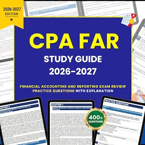 May include: A CPA FAR study guide for the 2026-2027 edition, featuring a blue cover with yellow text, including the title, exam review details, and practice questions. The design incorporates a yellow banner, a gold seal, and document previews.