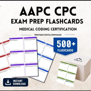 May include: A set of AAPC CPC exam prep flashcards for medical coding certification. The digital download includes over 500 flashcards displayed on sheets with red, purple, blue, and green headers, alongside a stack of printed cards with the Study Peak logo.