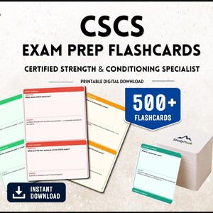 Könnte beinhalten: Ein Set von CSCS-Prüfungsvorbereitungskarten für den Certified Strength & Conditioning Specialist. Der digitale Download enthält über 500 Lernkarten mit Fragen und Antworten auf farbigen Karten, inklusive des Study Peak Logos und Text.
