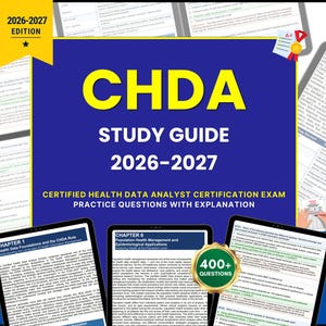Peut inclure: Une couverture de guide d'étude bleu pour l'examen de certification CHDA 2026-2027. Le texte indique CHDA STUDY GUIDE 2026-2027 CERTIFIED HEALTH DATA ANALYST CERTIFICATION EXAM PRACTICE QUESTIONS WITH EXPLANATION. Inclut un badge 400+ questions et une icône PDF.