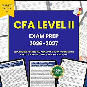 May include: A blue and yellow CFA Level II exam prep study guide for 2026-2027. The cover features the text CFA LEVEL II EXAM PREP 2026-2027, a 400+ questions badge, and a Study Peak logo. Three tablet screens display study material pages.