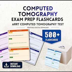May include: Computed Tomography exam prep flashcards featuring 500+ cards for the ARRT CT test. The set includes printable digital download sheets with purple, orange, and blue colour-coded sections, question prompts, and answer fields for study.
