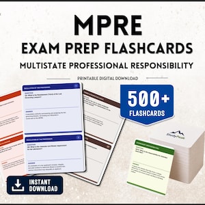 Pode incluir: Um conjunto de flashcards de preparação para o exame MPRE de Responsabilidade Profissional Multiestadual, com download digital imprimível. Os cartões incluem a marca Study Peak, um selo de 500+ e vários cartões de perguntas e respostas em azul, laranja e verde.