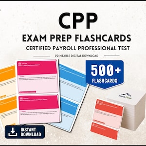 Puede incluir: Tarjetas de preparación para el examen CPP para la prueba de Certified Payroll Professional. Esta descarga digital incluye más de 500 tarjetas con preguntas y respuestas en colores naranja, rosa y azul. El logo de Study Peak es visible.
