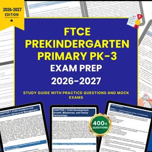May include: A digital study guide for the FTCE Prekindergarten Primary PK-3 exam 2026-2027 edition. The cover features bold yellow text on a blue background, including the Study Peak logo, a 400+ questions badge, and three tablet screen previews.