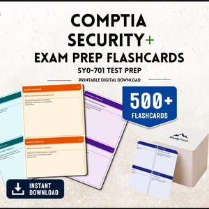 May include: CompTIA Security+ SY0-701 exam prep flashcards digital download. The set includes 500+ cards featuring study questions on topics like cryptography, security operations, and governance. Cards are color-coded in teal, orange, and purple.