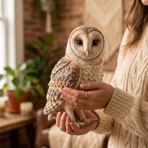 Peut inclure: Une figurine de chouette effraie crochetée à la main, dotée d'un disque facial en forme de cœur en fil crème et beige, avec des ailes texturées détaillées dans des tons marron, gris et blanc, et de petites serres pointues à la base.