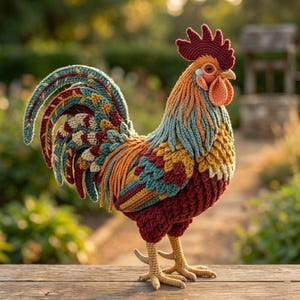 May include: A handcrafted crochet rooster figurine featuring a vibrant colour palette of deep burgundy, golden yellow, teal, and orange yarn. The bird has a prominent red comb and wattle, textured plumage, and detailed tail feathers standing on two legs.