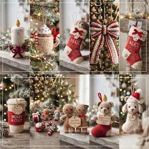 May include: A collection of crocheted Christmas ornaments including a candle, a mug, stockings with the name Max, a large bow, a coffee cup with the text Merry & Cozy, gingerbread figures, a bear with a stocking, and a dog with the name Luna.