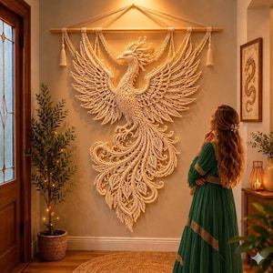 May include: A large cream-coloured macrame wall hanging featuring an intricate phoenix design with expansive wings and a long, detailed tail. The fibre art piece is suspended from a horizontal wooden rod with decorative tassels at each end.