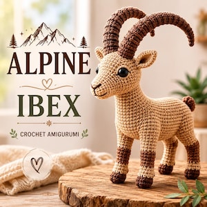Può includere: Un giocattolo amigurumi all'uncinetto a forma di stambecco alpino con corpo color marrone chiaro, corna ricurve marrone scuro e zoccoli marrone scuro. Il testo recita ALPINE IBEX CROCHET AMIGURUMI con un grafico di montagne e un cuore.