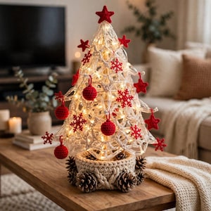 May include: A conical Christmas tree decoration made of clear, translucent material with internal warm white string lights. It is adorned with red crocheted stars, snowflakes, and spherical ornaments, and sits on a beige crocheted base with pinecones.