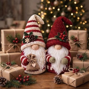 Puede incluir: Dos figuras de gnomos de ganchillo con largas barbas blancas. Un gnomo lleva un gorro de rayas rojas y blancas, el otro un gorro rojo liso. Ambos gorros están decorados con piñas, hojas verdes y bayas rojas.