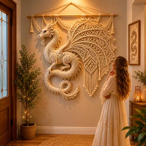 May include: A large, off-white macrame wall hanging featuring an intricate dragon design with detailed knotwork, textured scales, and expansive wings. The piece is suspended from a horizontal wooden rod with decorative tassels at each end.