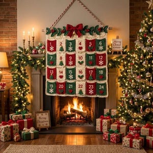 May include: A cream-colored crocheted advent calendar hanging above a fireplace, featuring twenty-four numbered pockets in alternating red and green. Each pocket displays a festive icon like a snowflake, heart, or tree. A large red bow sits at the top.