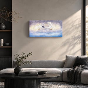 Dancing in White – White Herons Winter Landscape Canvas Print, Japanese Nihonga Wall Art