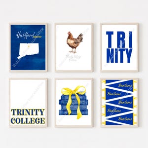 May include: A set of six framed art prints featuring Trinity College themes. Designs include a blue Connecticut map, a brown chicken, the word TRINITY in blue, the text TRINITY COLLEGE, a stack of blue books with a yellow ribbon, and blue pennants.