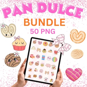 May include: A digital bundle of 50 PNG files featuring illustrations of Mexican sweet breads and pastries. The collection includes various conchas, orejas, and cupcakes with cute faces, alongside a large pink bow, displayed on a tablet screen.