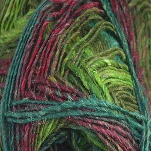 May include: A skein of yarn featuring a variegated color palette of deep forest green, bright lime green, and rich magenta. The fibers are twisted into a multi-ply strand with a textured, slightly irregular appearance throughout the entire length.