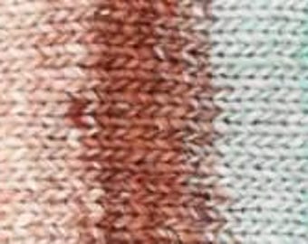 May include: A close-up view of a knitted fabric featuring a variegated color pattern. The yarn displays horizontal stripes of deep red, warm brown, soft yellow, muted pink, and pale turquoise, creating a textured, multi-colored appearance.