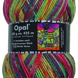 May include: A ball of variegated yarn featuring a vibrant mix of pink, green, yellow, and blue tones. A black label wraps around the center, displaying the text Opal, 100 g ca. 425 m, 75% Schurwolle 25% Polyamid, In Variation nach Hundertwassers Werk 750 Blinde Venus.