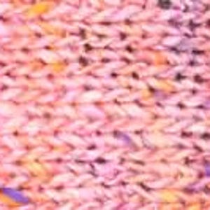 May include: A close-up view of a knitted fabric featuring a variegated yarn in shades of pink, orange, yellow, and purple. The texture displays a consistent stockinette stitch pattern, creating a soft, multi-colored appearance across the surface.
