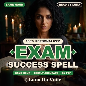 May include: A digital graphic featuring the text 100% PERSONALIZED EXAM SUCCESS SPELL, SAME HOUR, READ BY LUNA, and LUNA DU VOILE. The image shows a person with dark curly hair in a dimly lit room with several lit candles and an open book.