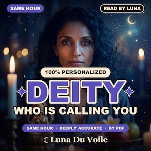 May include: A person with dark curly hair is centered in a dark, candlelit setting with a starry night background. Text overlays read: SAME HOUR, READ BY LUNA, 100% PERSONALIZED, DEITY WHO IS CALLING YOU, DEEPLY ACCURATE, BY PDF, and Luna Du Voile.
