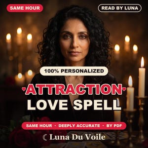Puede incluir: Un gráfico digital que muestra a una persona con cabello oscuro y rizado, rodeada de velas encendidas y rosas rojas. El texto dice: SAME HOUR, READ BY LUNA, 100% PERSONALIZED, ATTRACTION LOVE SPELL, SAME HOUR - DEEPLY ACCURATE - BY PDF y Luna Du Voile.