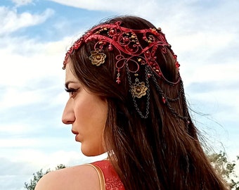 Elven tiara - ooak circlet: red wire, antique gold/red faceted crystals - fairy circlet, medieval fantasy headpiece, dark elf costume