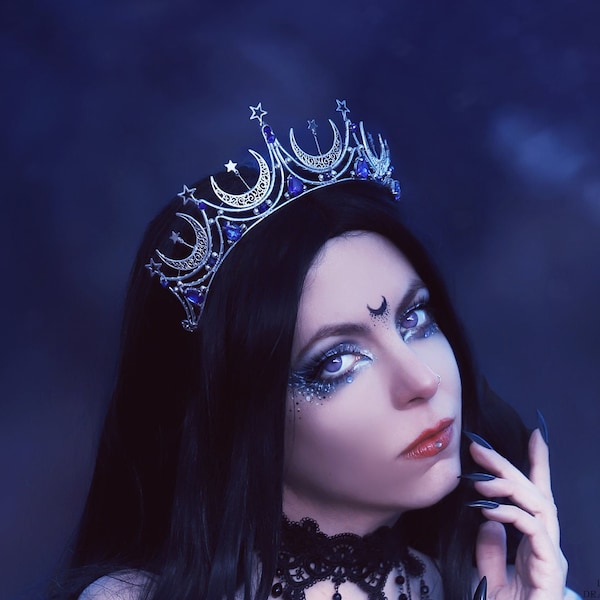 Fantasy tiara MONA - silver moons and stars, royal blue crystals -moon witch headpiece, zodiac constellations night queen crown