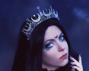 Fantasy tiara MONA - silver moons and stars, royal blue crystals -moon witch headpiece, zodiac constellations night queen crown