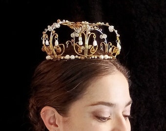 Fantasy headpiece ooak- crown in gold-silver wires, faceted crystals, pearlescent drops - ballet headpiece -Aurora Sleeping Beauty, Raymonda
