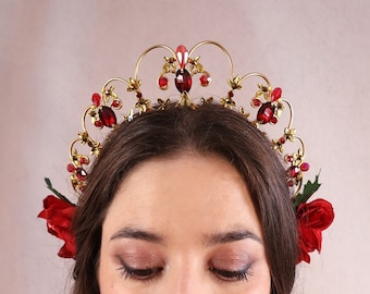 Crown SARAH- gold wires & filigree, red rhinestones, detachable flowers - Maleficarum - art nouveau, fantasy princess tiara