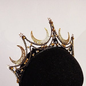 Fantasy tiara MONA - gold moons and stars, black crystals -moon witch headpiece, vampire ball, whimsy goth fairy crown