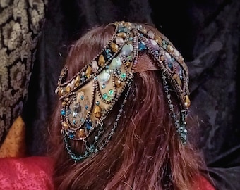 AZAM headpiece: ooak, ready to ship -black wire, teal/green/blue multichrome rhynestones -Alphonse Mucha, Mata Hari, Egyptian vampire crown