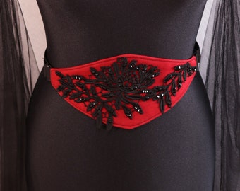 Waist belt - red & black knit, guipure lace, rhinestones - Maleficarum - Swiss waist, gothic steampunk, dark fairy, villain queen