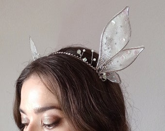 Fairy wings EVA tiara –silver wire, white tulle, iridescent crystals –fantasy costume headpiece, fairy elf crown,