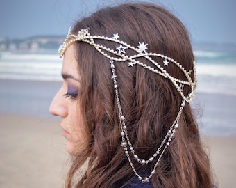 Elven circlet ASTRAEA custom size- silver wire & stars fantasy tiara - medieval elf bride crown, fairycore wedding headpiece